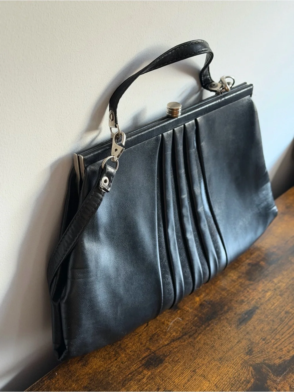 Vintage 1950s Black Pleated Frame Handbag ILGWU Union Made Mid Century Purse